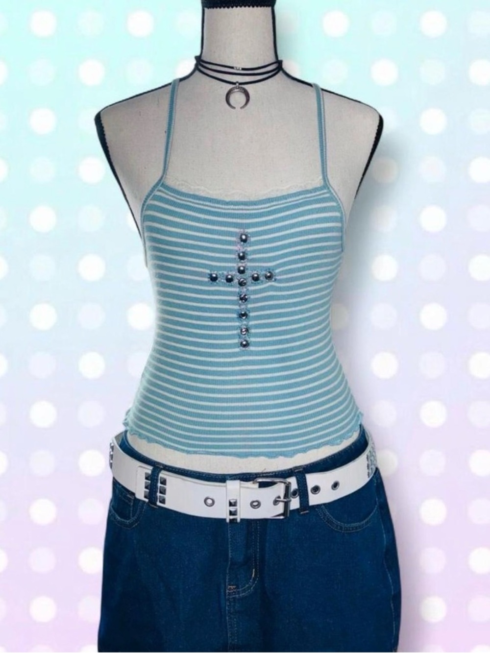 Striped Blue/White Spaghetti Tank Top with Studded Cross